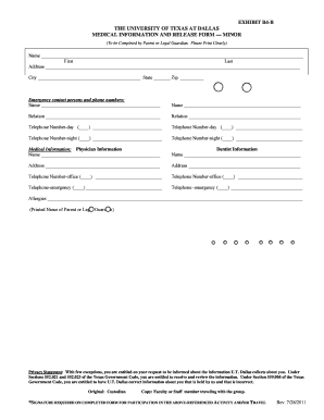 Medical Information and Release Form for Minor