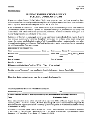 Fremont Unified School District Bullying Complaint Form