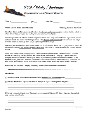 Wheel Driven Land Speed Record Research Worksheet