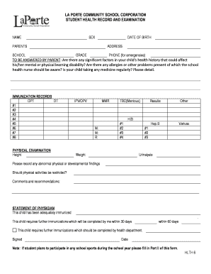 Student Health Record and Examination Form