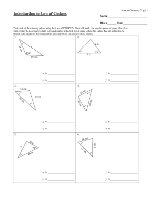 Honors Geometry Trigonometry Law of Cosines Worksheet