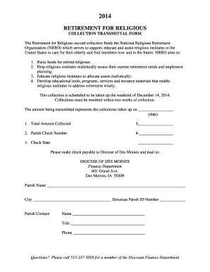Retirement for Religious Collection Transmittal Form