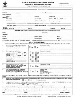 Scouts Australia Victorian Branch Personal Information Record