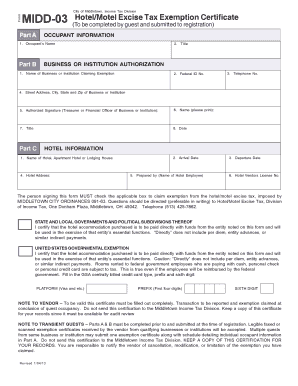Middletown Hotel/Motel Excise Tax Exemption Certificate