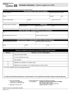 Demande d’attestation – Extrait du registre de la SAAQ