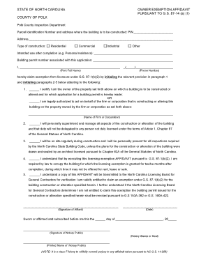 North Carolina Owner Exemption Affidavit