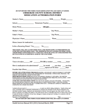 Cherokee County School Medication Authorization Form