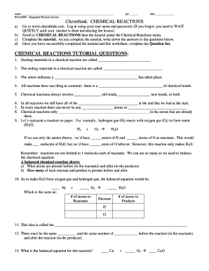 Chemical Reactions Tutorial Worksheet
