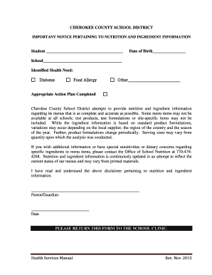 Cherokee County School District Nutrition Notice
