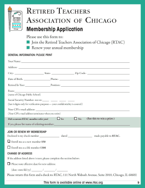 Retired Teachers Association of Chicago Membership Application