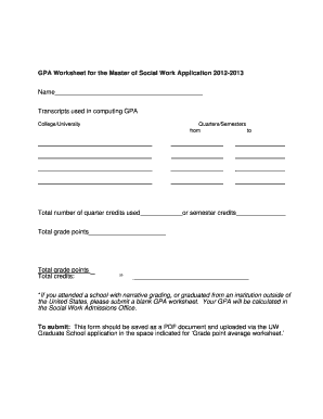 GPA Worksheet for Master of Social Work Application