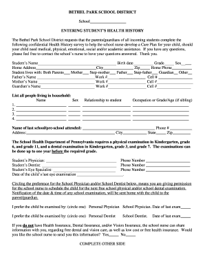 Student Health History Form