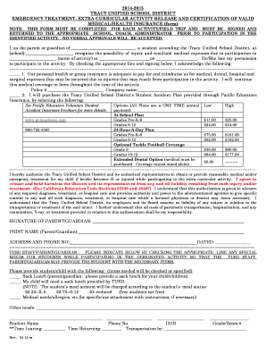 Tracy Unified School District Emergency Treatment Release Form