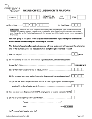 Inclusion/Exclusion Criteria Form