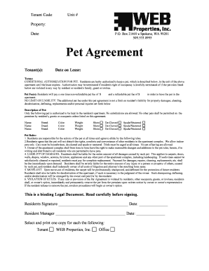 Pet Agreement for Residential Lease