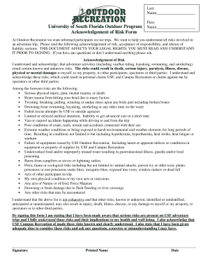 University of South Florida Outdoor Program Acknowledgement of Risk Form