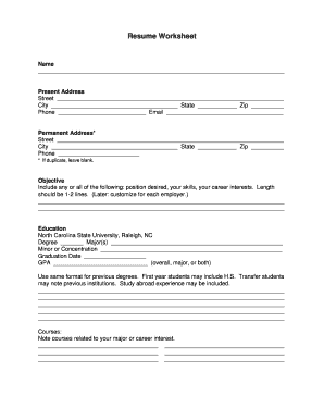 Resume Worksheet Template