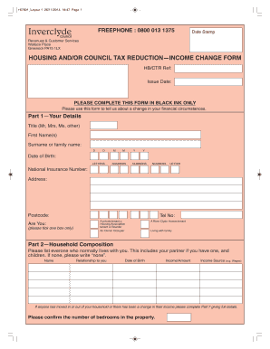 Housing and Council Tax Reduction Income Change Form