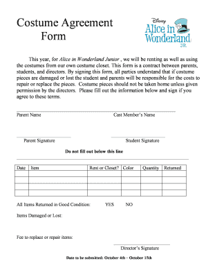 Simple asset transfer agreement - Alice Costume Agreement Form - Bethlehem Area School District - www-eh beth k12 pa