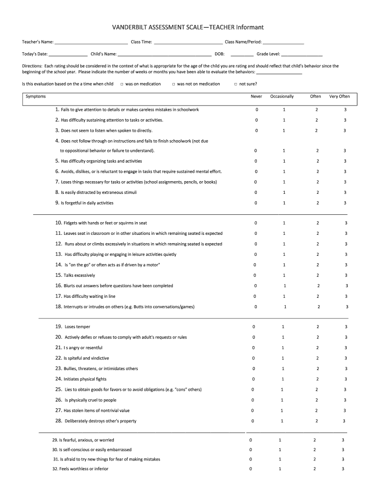 Fillable online driscollchildrens vanderbilt assessment scale teacher