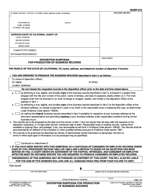 California Deposition Subpoena for Production of Business Records