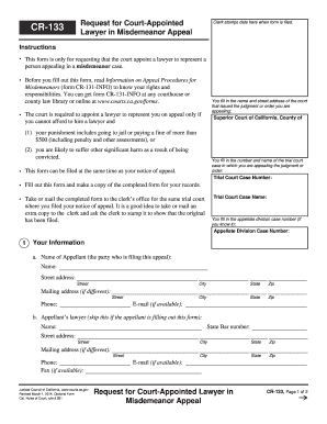 Class of admission form i 131 - CR133 Request for CourtAppointed Lawyer in Misdemeanor Appeal Clerk stamps date here when form is filed