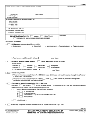 Ex Parte Application to Issue Modify or Terminate an Earnings Assignment Order