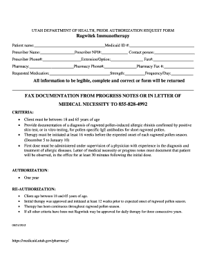 Utah Ragwitek Immunotherapy Prior Authorization Request Form