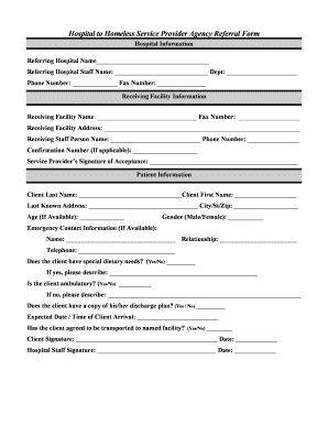 Hospital to Homeless Service Provider Referral Form