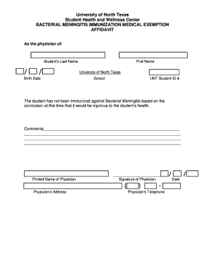 Bacterial Meningitis Immunization Medical Exemption Affidavit