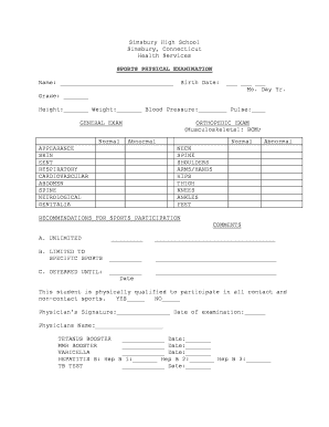 Sports Physical Examination Form