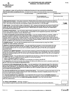 Newfoundland and Labrador TD1NL Personal Tax Credits Return
