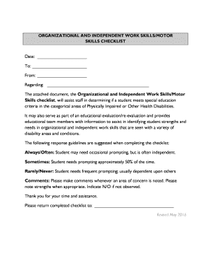 Organizational and Independent Work Skills Checklist