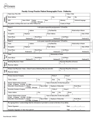 Faculty Group Practice Patient Demographic Form - Pediatrics