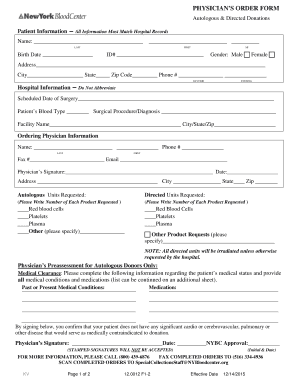 Physician’s Order Form for Autologous & Directed Donations