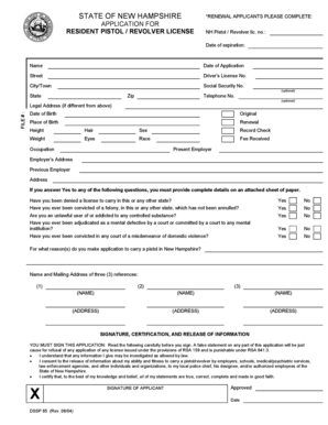 New Hampshire Resident Pistol/Revolver License Application