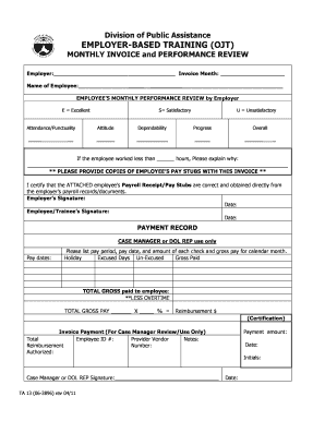 Employer-Based Training Monthly Invoice and Performance Review