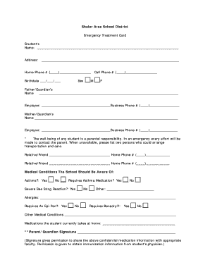 Shaler Area School District Emergency Treatment Card