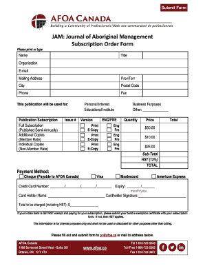 JAM Subscription Order Form
