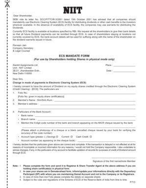 ECS Mandate Form for Shareholders