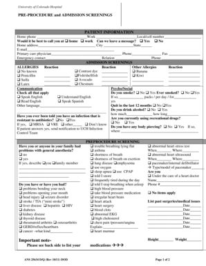 University of Colorado Hospital Pre-Procedure and Admission Screenings