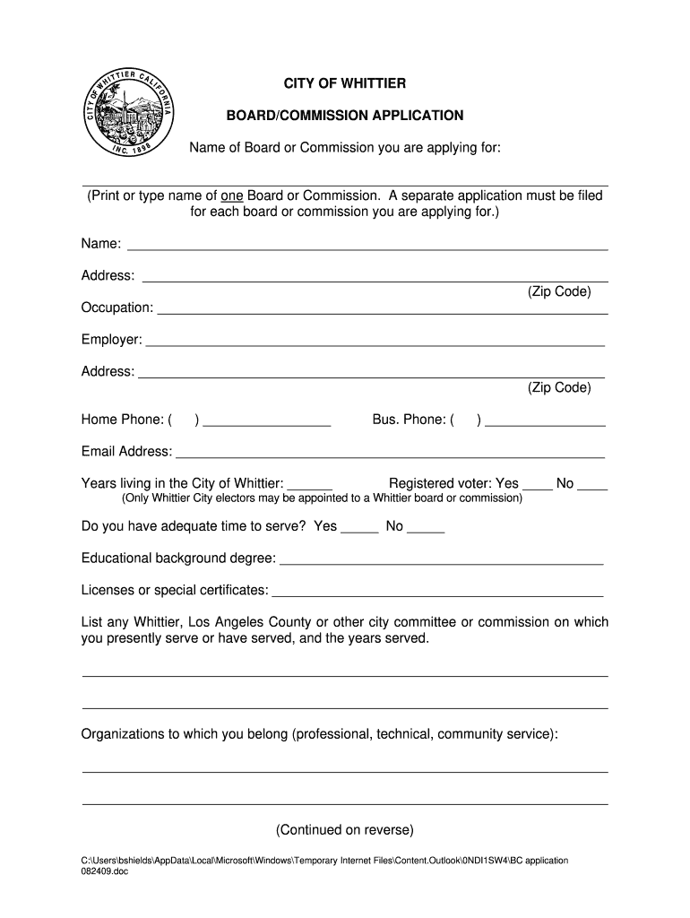 CITY OF WHITTIER BOARDCOMMISSION APPLICATION - whittierhillsoilwatch Preview on Page 1