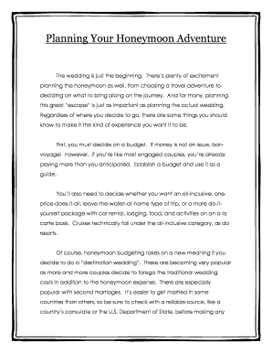 Wedding Night and Honeymoon Worksheet