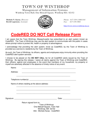 CodeRED Do Not Call Release Form