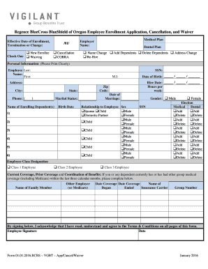 Regence BlueCross BlueShield of Oregon Employee Enrollment Application