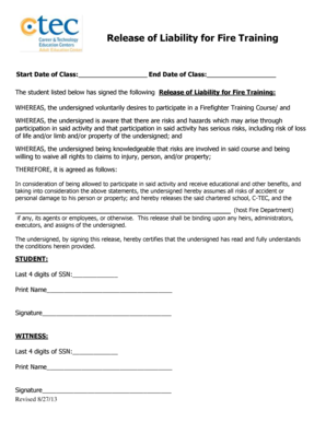Release of Liability for Fire Training