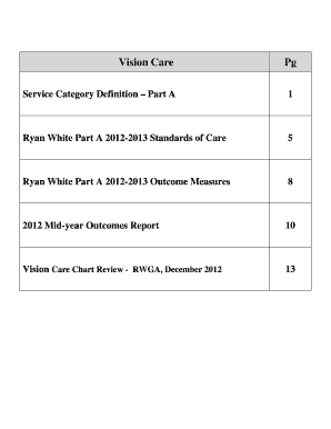 Vision Care Pg Service Category Definition Part A 1 Ryan White Part A 20122013 Standards of Care 5 Ryan White Part A 20122013 Outcome Measures 8 2012 Midyear Outcomes Report 10 Vision Care Chart Review RWGA, December 2012 13 FY 2014 Houston
