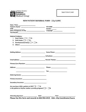 NEW PATIENT REFERRAL FORM 22q CLINIC - Fill and Sign Printable Template ...