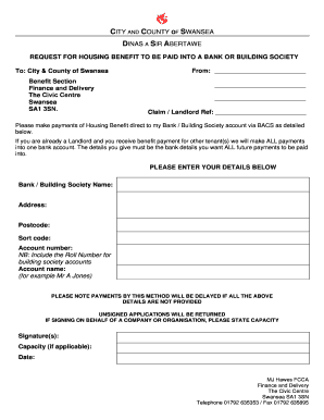 Request for Housing Benefit Payment to Bank