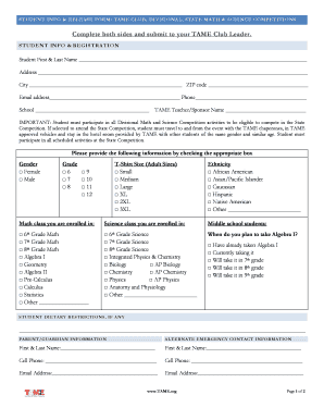 Student Info & Release Form for TAME Math & Science Competitions